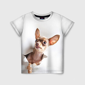 Детская футболка 3D с принтом Чихуахуа из бумаги вылазит в Белгороде, 100% гипоаллергенный полиэфир | прямой крой, круглый вырез горловины, длина до линии бедер, чуть спущенное плечо, ткань немного тянется | гав | любитель собак | меленьктй пес | мини пес | песель | песик | собака | собачка | собачник | собачница | чихуахуа | чихуашка | щенек