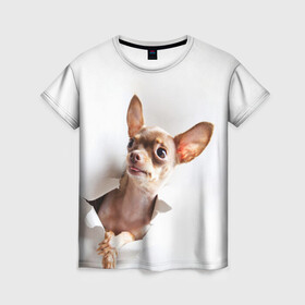 Женская футболка 3D с принтом Чихуахуа из бумаги вылазит в Белгороде, 100% полиэфир ( синтетическое хлопкоподобное полотно) | прямой крой, круглый вырез горловины, длина до линии бедер | гав | любитель собак | меленьктй пес | мини пес | песель | песик | собака | собачка | собачник | собачница | чихуахуа | чихуашка | щенек
