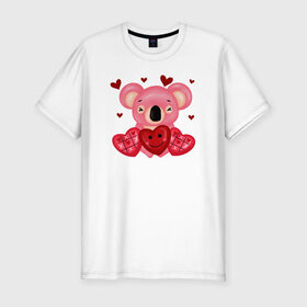 Мужская футболка хлопок Slim с принтом Коала в Белгороде, 92% хлопок, 8% лайкра | приталенный силуэт, круглый вырез ворота, длина до линии бедра, короткий рукав | Тематика изображения на принте: 14 февраля | день всех влюбленных | любовь | медведь | панда | розовый | сердечки