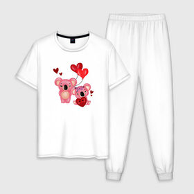 Мужская пижама хлопок с принтом Коала в Белгороде, 100% хлопок | брюки и футболка прямого кроя, без карманов, на брюках мягкая резинка на поясе и по низу штанин
 | Тематика изображения на принте: 14 февраля | день всех влюбленных | любовь | медведь | панда | розовый | сердечки