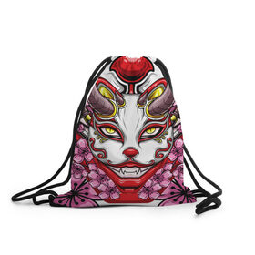 Рюкзак-мешок 3D с принтом Японский демон в Белгороде, 100% полиэстер | плотность ткани — 200 г/м2, размер — 35 х 45 см; лямки — толстые шнурки, застежка на шнуровке, без карманов и подкладки | demon | fox | japanese | mask | арт | голова | демон | маска | монстр | рисунок | рога | цветы | японский