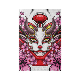 Обложка для паспорта матовая кожа с принтом Японский демон в Белгороде, натуральная матовая кожа | размер 19,3 х 13,7 см; прозрачные пластиковые крепления | Тематика изображения на принте: demon | fox | japanese | mask | арт | голова | демон | маска | монстр | рисунок | рога | цветы | японский