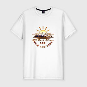 Мужская футболка хлопок Slim с принтом Солнце и горы в Белгороде, 92% хлопок, 8% лайкра | приталенный силуэт, круглый вырез ворота, длина до линии бедра, короткий рукав | горы | лето | отдых | путешествия | солнце | туризм