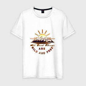 Мужская футболка хлопок с принтом Солнце и горы в Белгороде, 100% хлопок | прямой крой, круглый вырез горловины, длина до линии бедер, слегка спущенное плечо. | горы | лето | отдых | путешествия | солнце | туризм