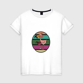 Женская футболка хлопок с принтом Пьющий фламинго в Белгороде, 100% хлопок | прямой крой, круглый вырез горловины, длина до линии бедер, слегка спущенное плечо | Тематика изображения на принте: пернатые | пить сок | птица | розовые перья | фламинго