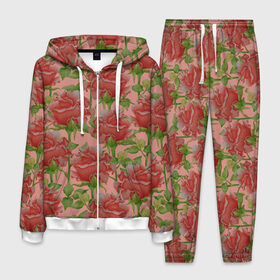 Мужской костюм 3D с принтом Розы на розовом фоне в Белгороде, 100% полиэстер | Манжеты и пояс оформлены тканевой резинкой, двухслойный капюшон со шнурком для регулировки, карманы спереди | 8 марта | flowers | march 8 | spring | ботаническая иллюстрация | весна | день рождения | зеленый | красный | лето | любовь | праздник | принт | природа | растения | розовый | розы | цветы