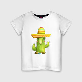 Детская футболка хлопок с принтом Кактус в Белгороде, 100% хлопок | круглый вырез горловины, полуприлегающий силуэт, длина до линии бедер | горшок | кактусик | мексиканец | цветы | шляпа