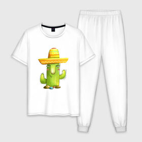 Мужская пижама хлопок с принтом Кактус в Белгороде, 100% хлопок | брюки и футболка прямого кроя, без карманов, на брюках мягкая резинка на поясе и по низу штанин
 | Тематика изображения на принте: горшок | кактусик | мексиканец | цветы | шляпа