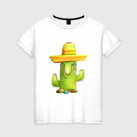 Женская футболка хлопок с принтом Кактус в Белгороде, 100% хлопок | прямой крой, круглый вырез горловины, длина до линии бедер, слегка спущенное плечо | горшок | кактусик | мексиканец | цветы | шляпа