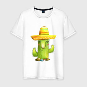 Мужская футболка хлопок с принтом Кактус в Белгороде, 100% хлопок | прямой крой, круглый вырез горловины, длина до линии бедер, слегка спущенное плечо. | горшок | кактусик | мексиканец | цветы | шляпа