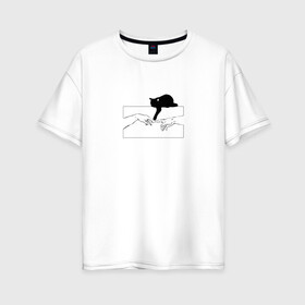 Женская футболка хлопок Oversize с принтом Сотворение Адама и котик в Белгороде, 100% хлопок | свободный крой, круглый ворот, спущенный рукав, длина до линии бедер
 | животные | искусство | картинка | кот | котик | кошка | прикол | сотворение адама