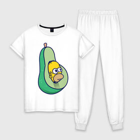 Женская пижама хлопок с принтом Гомер авокадо в Белгороде, 100% хлопок | брюки и футболка прямого кроя, без карманов, на брюках мягкая резинка на поясе и по низу штанин | авокадо | гомер | гомер авокадо | гомер симпсон | еда | пища | популярные иллюстрации | симсоны