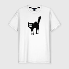 Мужская футболка хлопок Slim с принтом Забавный Кот в Белгороде, 92% хлопок, 8% лайкра | приталенный силуэт, круглый вырез ворота, длина до линии бедра, короткий рукав | animals | beast | eyes | глаза | животные | забавный | звери | зубы | кот | котенок | кошка | прикол | пушистый | смешной | черный