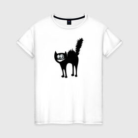 Женская футболка хлопок с принтом Забавный Кот в Белгороде, 100% хлопок | прямой крой, круглый вырез горловины, длина до линии бедер, слегка спущенное плечо | animals | beast | eyes | глаза | животные | забавный | звери | зубы | кот | котенок | кошка | прикол | пушистый | смешной | черный