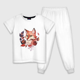 Детская пижама хлопок с принтом акварельный лис в Белгороде, 100% хлопок |  брюки и футболка прямого кроя, без карманов, на брюках мягкая резинка на поясе и по низу штанин
 | fox | акварель | бюст | зверь | лис | лиса | лисенок | лисичка | листья | портрет | ягоды