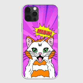 Чехол для iPhone 12 Pro с принтом Meow Pop Art Cat в Белгороде, силикон | область печати: задняя сторона чехла, без боковых панелей | Тематика изображения на принте: comics | kitty | meow | pop art | pop cat | retro | арт | белый кот | взгляд | глаза | голова кота | животные | киска | комикс | кот | кошак | кошечка | мем | мультяшный | мур мур | мяу | поп арт | прикол | пушистик | ретро