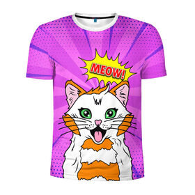 Мужская футболка 3D спортивная с принтом Meow Pop Art Cat в Белгороде, 100% полиэстер с улучшенными характеристиками | приталенный силуэт, круглая горловина, широкие плечи, сужается к линии бедра | comics | kitty | meow | pop art | pop cat | retro | арт | белый кот | взгляд | глаза | голова кота | животные | киска | комикс | кот | кошак | кошечка | мем | мультяшный | мур мур | мяу | поп арт | прикол | пушистик | ретро