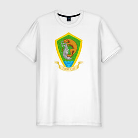 Мужская футболка хлопок Slim с принтом Удачливый кот в Белгороде, 92% хлопок, 8% лайкра | приталенный силуэт, круглый вырез ворота, длина до линии бедра, короткий рукав | герб | кот | подарки | рыба | рыбалка