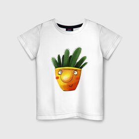 Детская футболка хлопок с принтом Кактус в Белгороде, 100% хлопок | круглый вырез горловины, полуприлегающий силуэт, длина до линии бедер | what | горшок | кактусик | цветы | чего | чее