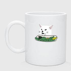 Кружка с принтом Смадж и овощи в Белгороде, керамика | объем — 330 мл, диаметр — 80 мм. Принт наносится на бока кружки, можно сделать два разных изображения | animals | cat | cat meme | kitty | memes | smudge | белый кот | голова кота | еда | животные | звери | злой кот | интернет мемы | интернет приколы | кот за столом | кот мем | котенок | кошак | мемы | овощи | питомец | смадж