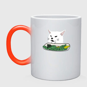 Кружка хамелеон с принтом Смадж и овощи в Белгороде, керамика | меняет цвет при нагревании, емкость 330 мл | animals | cat | cat meme | kitty | memes | smudge | белый кот | голова кота | еда | животные | звери | злой кот | интернет мемы | интернет приколы | кот за столом | кот мем | котенок | кошак | мемы | овощи | питомец | смадж