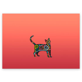 Поздравительная открытка с принтом внутренний кот арт в Белгороде, 100% бумага | плотность бумаги 280 г/м2, матовая, на обратной стороне линовка и место для марки
 | арт | внутренний зверь | дудлинг | завитушки | киса | кот | котик | котэ | кошка | узор | хиппи | яркий