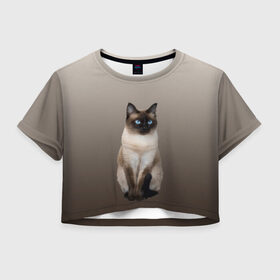 Женская футболка Crop-top 3D с принтом Сиамский кот голубые глаза в Белгороде, 100% полиэстер | круглая горловина, длина футболки до линии талии, рукава с отворотами | арт | бежевый | градиент | киса | коричневый | кот | котейка | котенок | котик | котэ | кошка | реализм | сиамец | сиамский