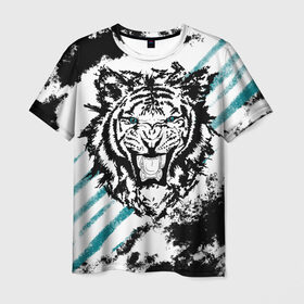 Мужская футболка 3D с принтом Голубоглазый тигр в Белгороде, 100% полиэфир | прямой крой, круглый вырез горловины, длина до линии бедер | абстракция | агрессивный | злой | зубы | клякса | пасть | полоски | полосы | суровый | тигр | чернота