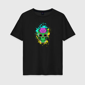 Женская футболка хлопок Oversize с принтом Psychedelic skull в Белгороде, 100% хлопок | свободный крой, круглый ворот, спущенный рукав, длина до линии бедер
 | skull | брызги | мозг | монстр | психоделика | скелет | череп | чудовище