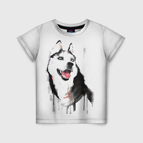 Детская футболка 3D с принтом Хаски красками в Белгороде, 100% гипоаллергенный полиэфир | прямой крой, круглый вырез горловины, длина до линии бедер, чуть спущенное плечо, ткань немного тянется | Тематика изображения на принте: dogs | рисунок | собаки | хаски | щенок