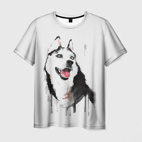 Мужская футболка 3D с принтом Хаски красками в Белгороде, 100% полиэфир | прямой крой, круглый вырез горловины, длина до линии бедер | Тематика изображения на принте: dogs | рисунок | собаки | хаски | щенок