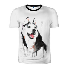 Мужская футболка 3D спортивная с принтом Хаски красками в Белгороде, 100% полиэстер с улучшенными характеристиками | приталенный силуэт, круглая горловина, широкие плечи, сужается к линии бедра | Тематика изображения на принте: dogs | рисунок | собаки | хаски | щенок