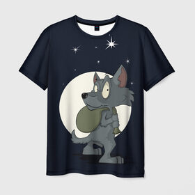 Мужская футболка 3D с принтом Серый волчонок в Белгороде, 100% полиэфир | прямой крой, круглый вырез горловины, длина до линии бедер | графика | звезды | ночь | персонаж | природа | рисунок | сказка | сон | хищник