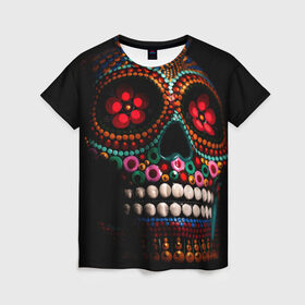 Женская футболка 3D с принтом Skull в Белгороде, 100% полиэфир ( синтетическое хлопкоподобное полотно) | прямой крой, круглый вырез горловины, длина до линии бедер | бижутерия | день мёртвых. | череп