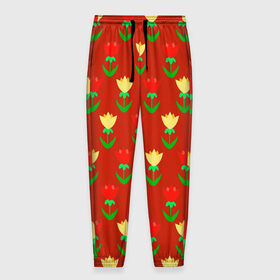 Мужские брюки 3D с принтом Тюльпанчики на красном фоне в Белгороде, 100% полиэстер | манжеты по низу, эластичный пояс регулируется шнурком, по бокам два кармана без застежек, внутренняя часть кармана из мелкой сетки | Тематика изображения на принте: 8 марта | flowers | summer | ботаническая иллюстрация | весна | желтый | зеленый | красный | лето | листья | любовь | праздник | принт | природа | растения | тюльпаны | цветы
