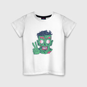Детская футболка хлопок с принтом Дружелюбный зомби в Белгороде, 100% хлопок | круглый вырез горловины, полуприлегающий силуэт, длина до линии бедер | cartoon | creature | friendly | funny | halloween | horror | monster | peace | zombie | друг | дружелюбный | зомби | мир | монстр | мультфильм | смешной | существо | сущность | ужас | хэллоуин | чудовище
