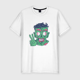 Мужская футболка хлопок Slim с принтом Дружелюбный зомби в Белгороде, 92% хлопок, 8% лайкра | приталенный силуэт, круглый вырез ворота, длина до линии бедра, короткий рукав | cartoon | creature | friendly | funny | halloween | horror | monster | peace | zombie | друг | дружелюбный | зомби | мир | монстр | мультфильм | смешной | существо | сущность | ужас | хэллоуин | чудовище