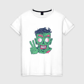 Женская футболка хлопок с принтом Дружелюбный зомби в Белгороде, 100% хлопок | прямой крой, круглый вырез горловины, длина до линии бедер, слегка спущенное плечо | Тематика изображения на принте: cartoon | creature | friendly | funny | halloween | horror | monster | peace | zombie | друг | дружелюбный | зомби | мир | монстр | мультфильм | смешной | существо | сущность | ужас | хэллоуин | чудовище