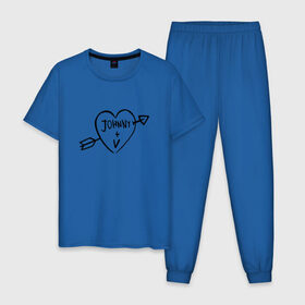 Мужская пижама хлопок с принтом Johnny + V в Белгороде, 100% хлопок | брюки и футболка прямого кроя, без карманов, на брюках мягкая резинка на поясе и по низу штанин
 | Тематика изображения на принте: johnny | silverhand | ви | киберпанк | сердце | татуировка