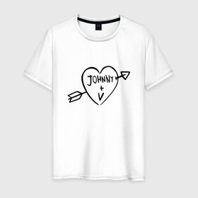 Мужская футболка хлопок с принтом Johnny + V в Белгороде, 100% хлопок | прямой крой, круглый вырез горловины, длина до линии бедер, слегка спущенное плечо. | Тематика изображения на принте: johnny | silverhand | ви | киберпанк | сердце | татуировка