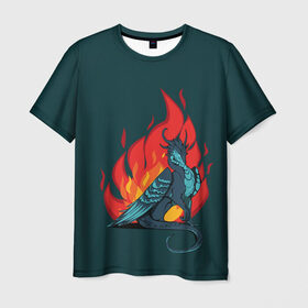 Мужская футболка 3D с принтом Бирюзовый дракон в Белгороде, 100% полиэфир | прямой крой, круглый вырез горловины, длина до линии бедер | Тематика изображения на принте: бирюзовый цвет | графика | дракон | огонь | персонаж | пламя | рисунок | фэнтези