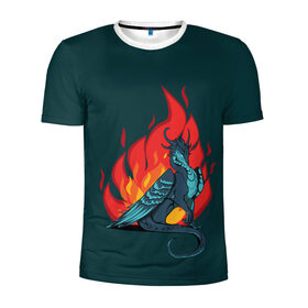 Мужская футболка 3D спортивная с принтом Бирюзовый дракон в Белгороде, 100% полиэстер с улучшенными характеристиками | приталенный силуэт, круглая горловина, широкие плечи, сужается к линии бедра | Тематика изображения на принте: бирюзовый цвет | графика | дракон | огонь | персонаж | пламя | рисунок | фэнтези
