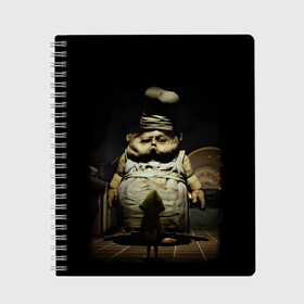 Тетрадь с принтом Little Nightmares в Белгороде, 100% бумага | 48 листов, плотность листов — 60 г/м2, плотность картонной обложки — 250 г/м2. Листы скреплены сбоку удобной пружинной спиралью. Уголки страниц и обложки скругленные. Цвет линий — светло-серый
 | games | little nightmares | доктор | игра | игрок | литл найтмерс | моно | охотник | повар | призрак | сказка | страшилка | страшный сон | хорор | хоррор | шестая