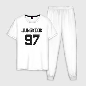 Мужская пижама хлопок с принтом BTS - Jungkook 97 в Белгороде, 100% хлопок | брюки и футболка прямого кроя, без карманов, на брюках мягкая резинка на поясе и по низу штанин
 | Тематика изображения на принте: boysband | bts | jungkook | jungkook 97 | k pop | korea | korean | music | бтс | джонгук | к поп | кей поп | корейская | корейский | корея | кпоп | музыка | чонгук