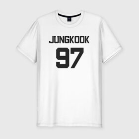 Мужская футболка хлопок Slim с принтом BTS - Jungkook 97 в Белгороде, 92% хлопок, 8% лайкра | приталенный силуэт, круглый вырез ворота, длина до линии бедра, короткий рукав | boysband | bts | jungkook | jungkook 97 | k pop | korea | korean | music | бтс | джонгук | к поп | кей поп | корейская | корейский | корея | кпоп | музыка | чонгук