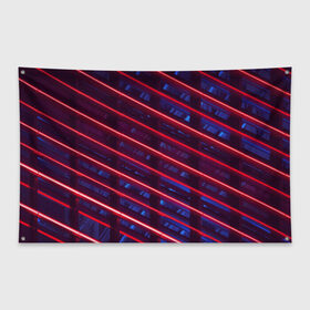 Флаг-баннер с принтом Неоновые полосы в Белгороде, 100% полиэстер | размер 67 х 109 см, плотность ткани — 95 г/м2; по краям флага есть четыре люверса для крепления | в топе | в тренде | косые лучи | красные полосы | сине красные лучи | синие полосы | тёмный фон