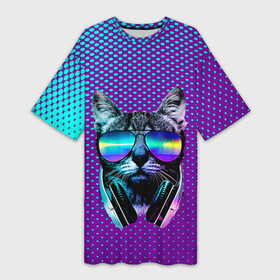 Платье-футболка 3D с принтом Кот очки наушники модный в Белгороде,  |  | градиент | диджей | кот | котик | котофан | котофей | котэ | кошка | модный | музыкант | наушники | очки | стильный | фиолетовый