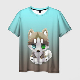 Мужская футболка 3D с принтом Малыш хаски в Белгороде, 100% полиэфир | прямой крой, круглый вырез горловины, длина до линии бедер | акито | гав | градиент | животные | любитель собак | малыш | пес | разные глаза | рисунок | собакен | собаки | собаченок | хаски | щенок