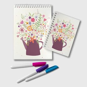 Блокнот с принтом Цветы в чайнике в Белгороде, 100% бумага | 48 листов, плотность листов — 60 г/м2, плотность картонной обложки — 250 г/м2. Листы скреплены удобной пружинной спиралью. Цвет линий — светло-серый
 | рисунок | цветы | цветы в чайнике | чайник