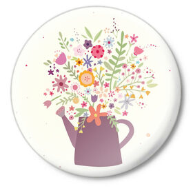 Значок с принтом Цветы в чайнике в Белгороде,  металл | круглая форма, металлическая застежка в виде булавки | рисунок | цветы | цветы в чайнике | чайник